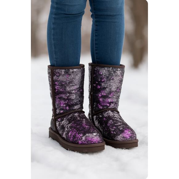 UGG Classic Short Purple Silver Sparkle Flip Sequin Boots Sherling Sherpa 6 - Picture 1 of 11